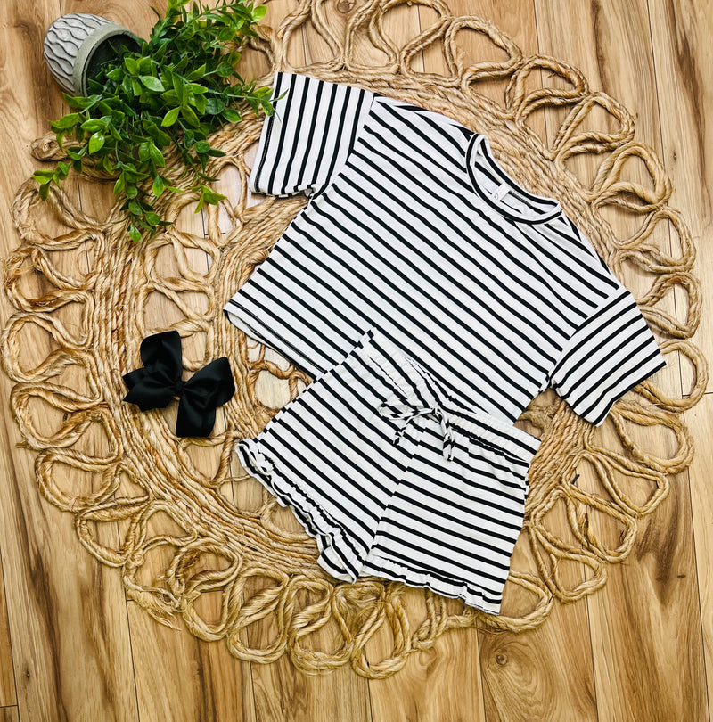 Girls Black Striped top and Ruffle Shorts Set