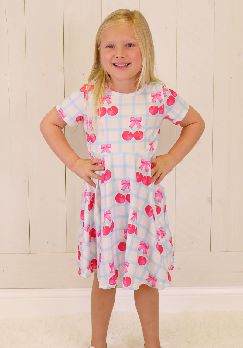 Girls Blue Plaid Cherry Dress