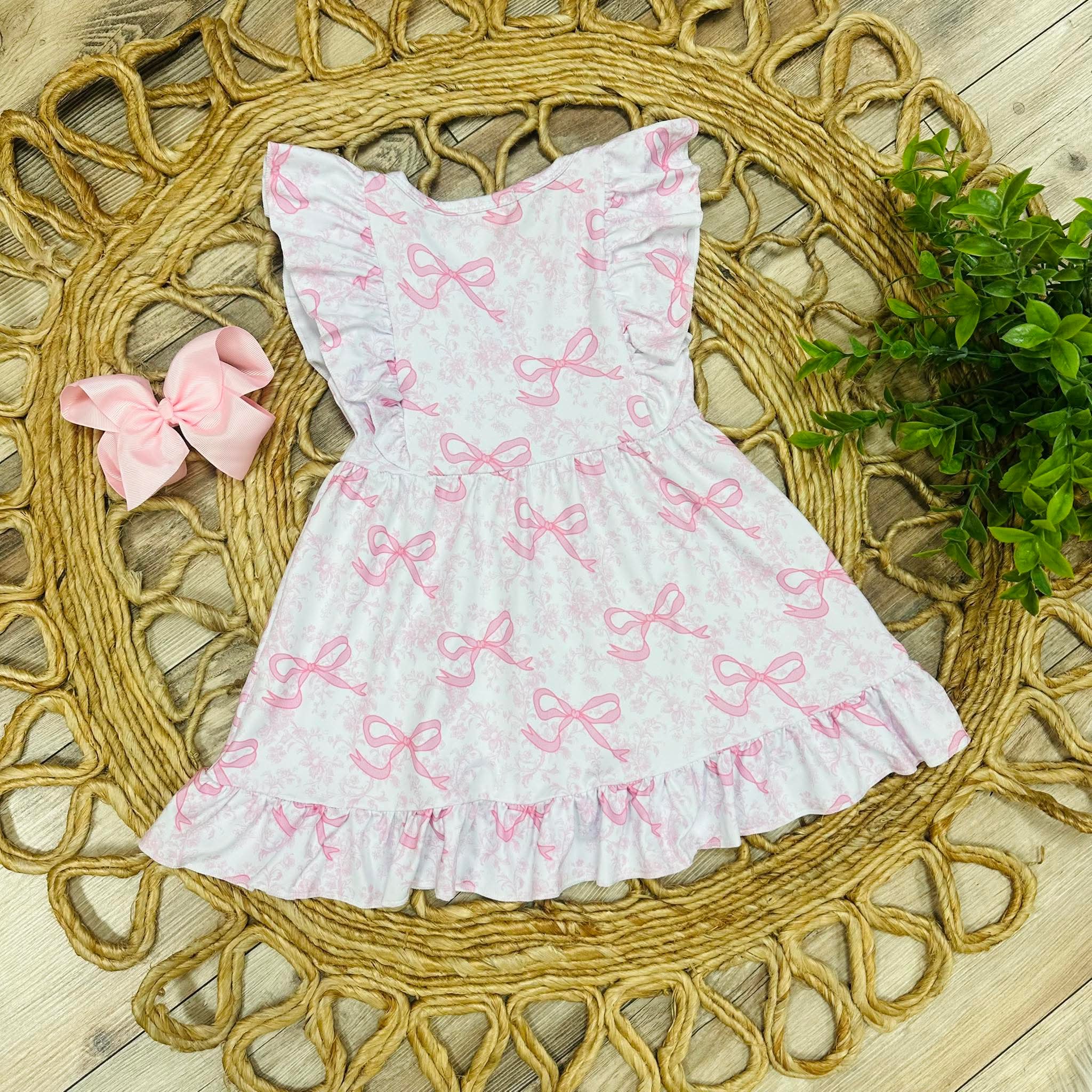 Girls Bow Coquette Ruffle Sleeve Dress
