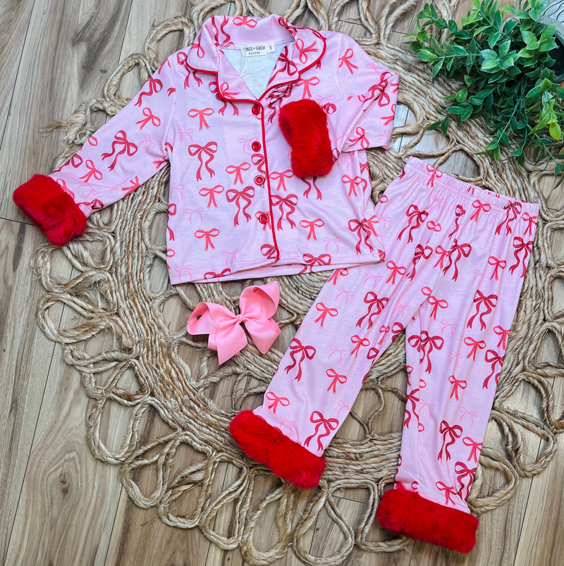 Girls Bow Pajama Set with furry trim