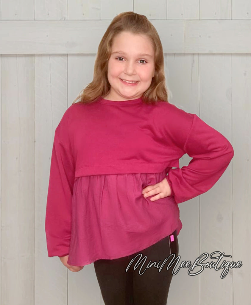 Girl's Burgundy Babydoll Top - Mini Mee Boutique