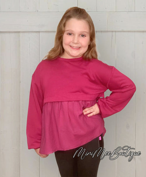 Girl's Burgundy Babydoll Top - Mini Mee Boutique