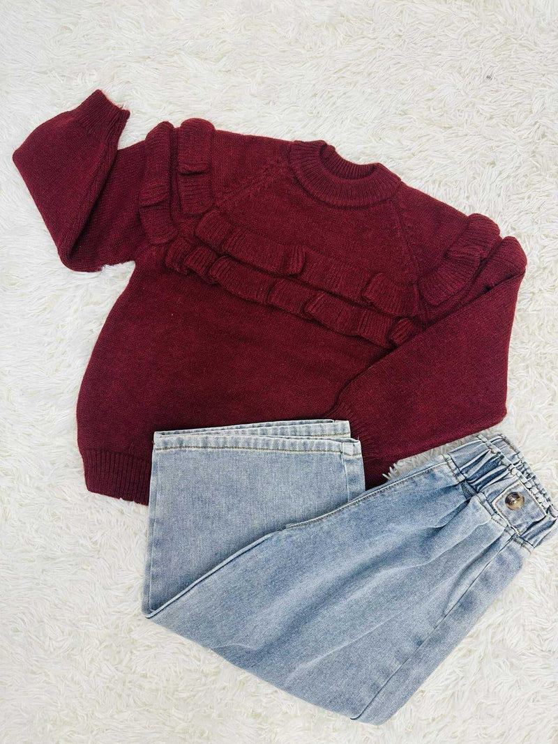 Girls Burgundy Double Ruffle Sweater