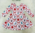 Girls Candy Cane Bow Print Dress Christmas
