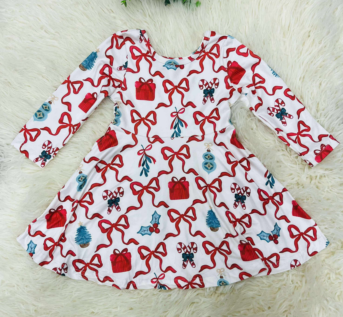 Girls Candy Cane Bow Print Dress Christmas