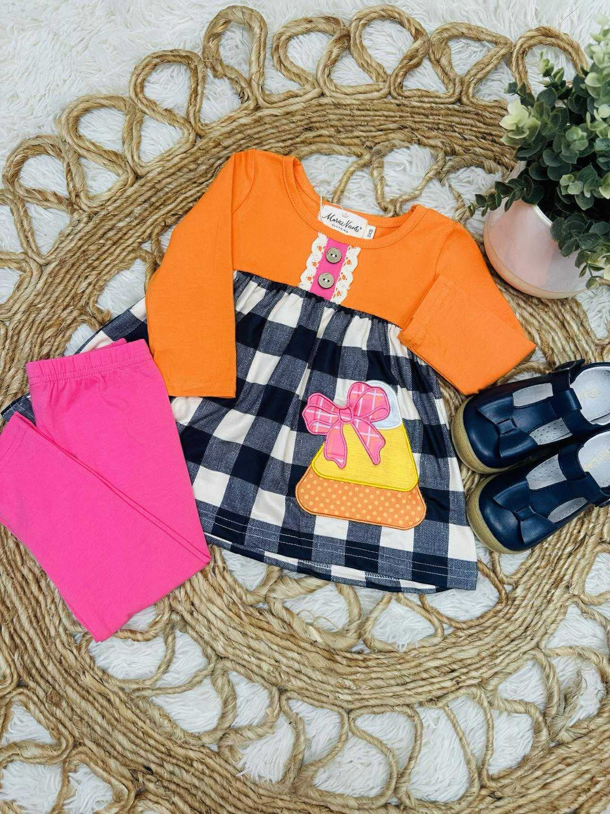 Girls Candy Corn Embroidered Plaid Outfit Set Halloween