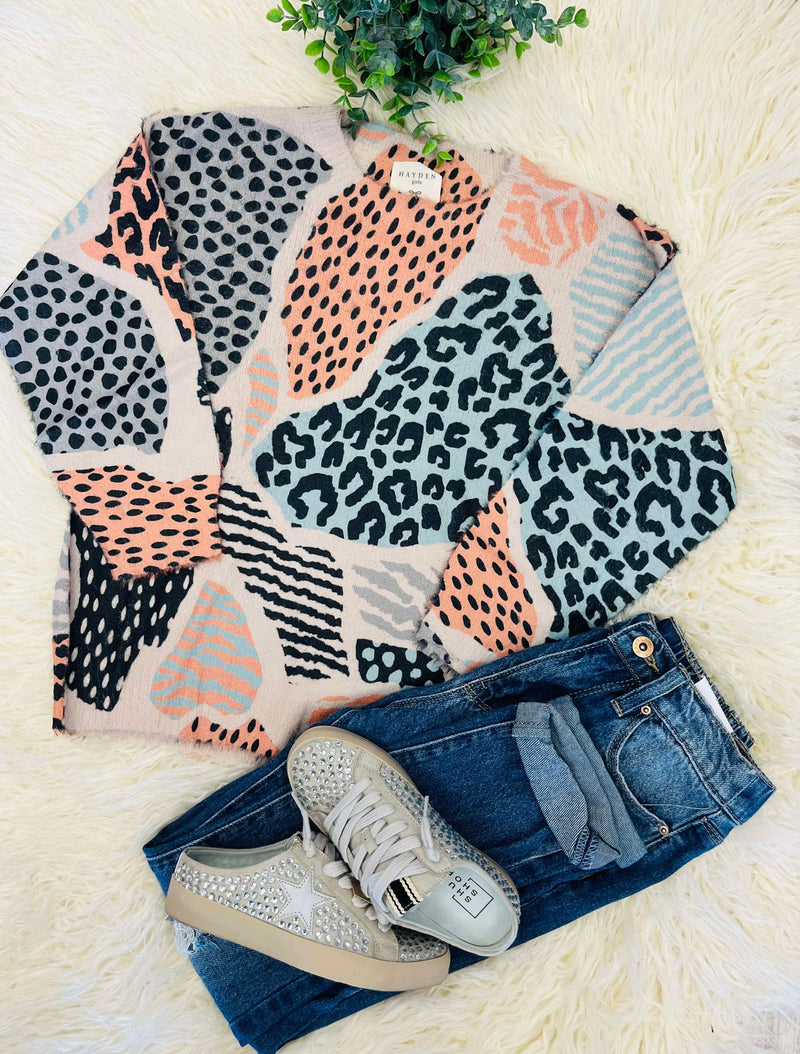 Girls Cheetah Mixed Print Sweater