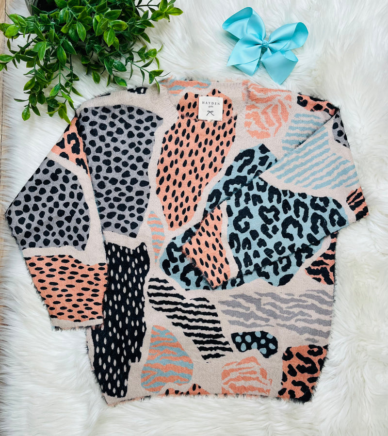 Girls Cheetah Mixed Print Sweater