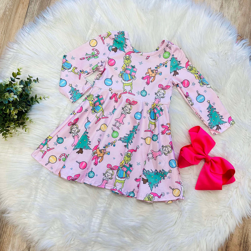 Girls Christmas Character Print Long Sleeve Pink Dress