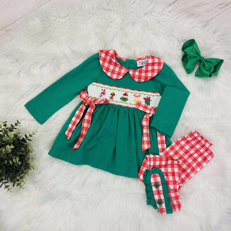 Girls Christmas Character Smocked Candy Embroidered Set