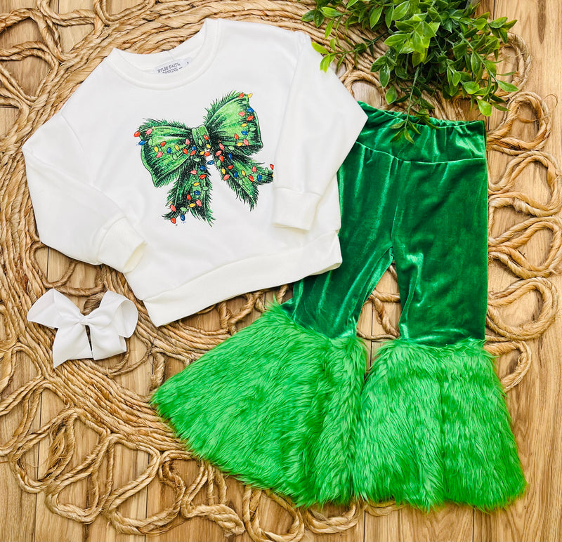 Girls Christmas Grinch Bow Top Set
