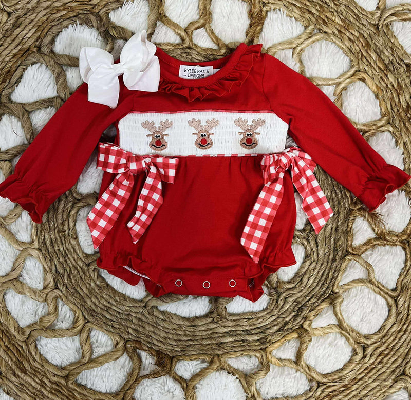 Girls Christmas Reindeer Smocked Romper