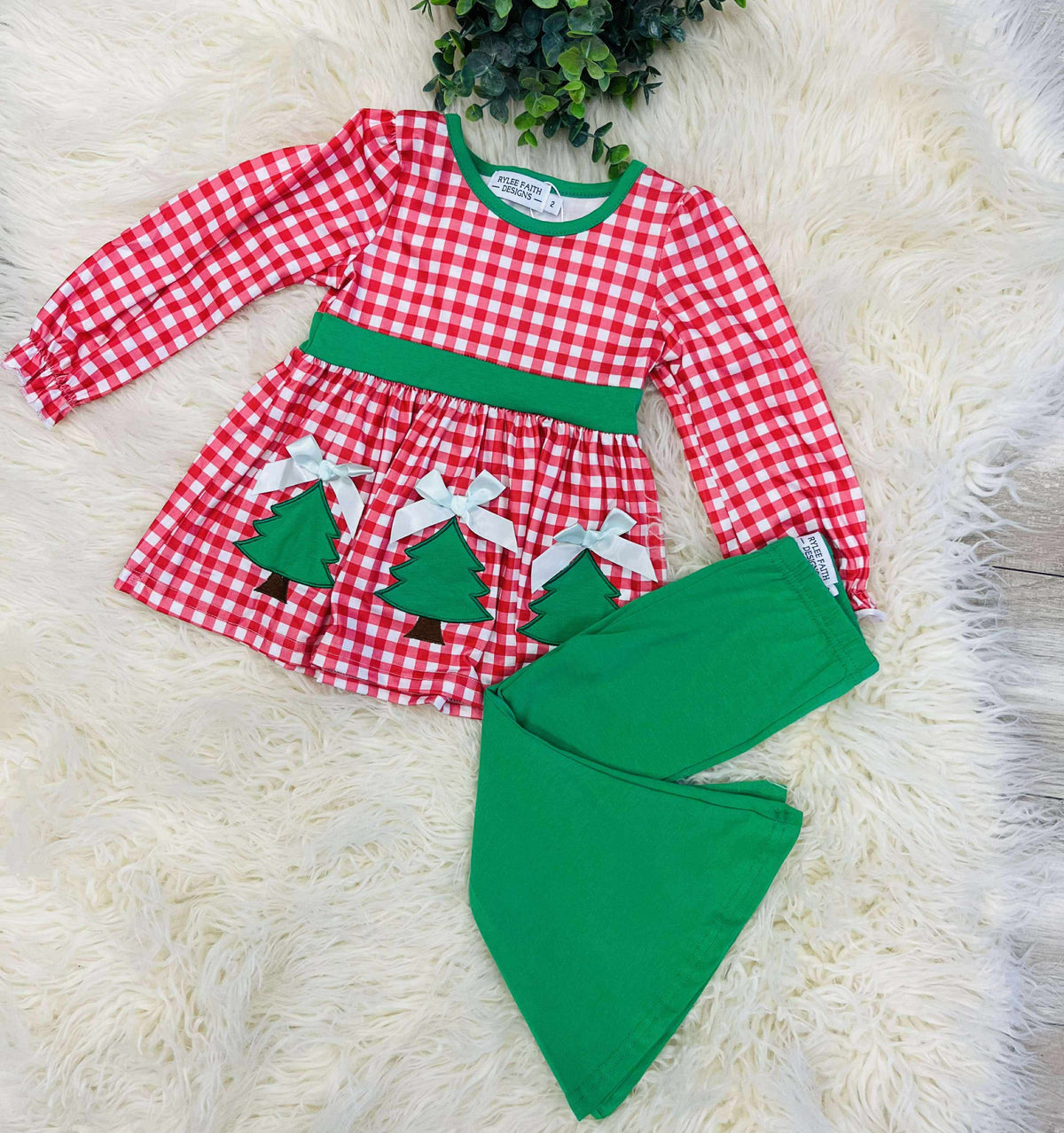 Girls Christmas Tree Plaid Outfit Set