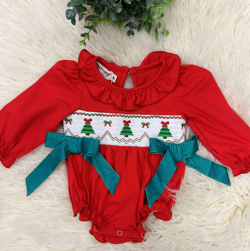 Girls Christmas Tree Smocked Romper