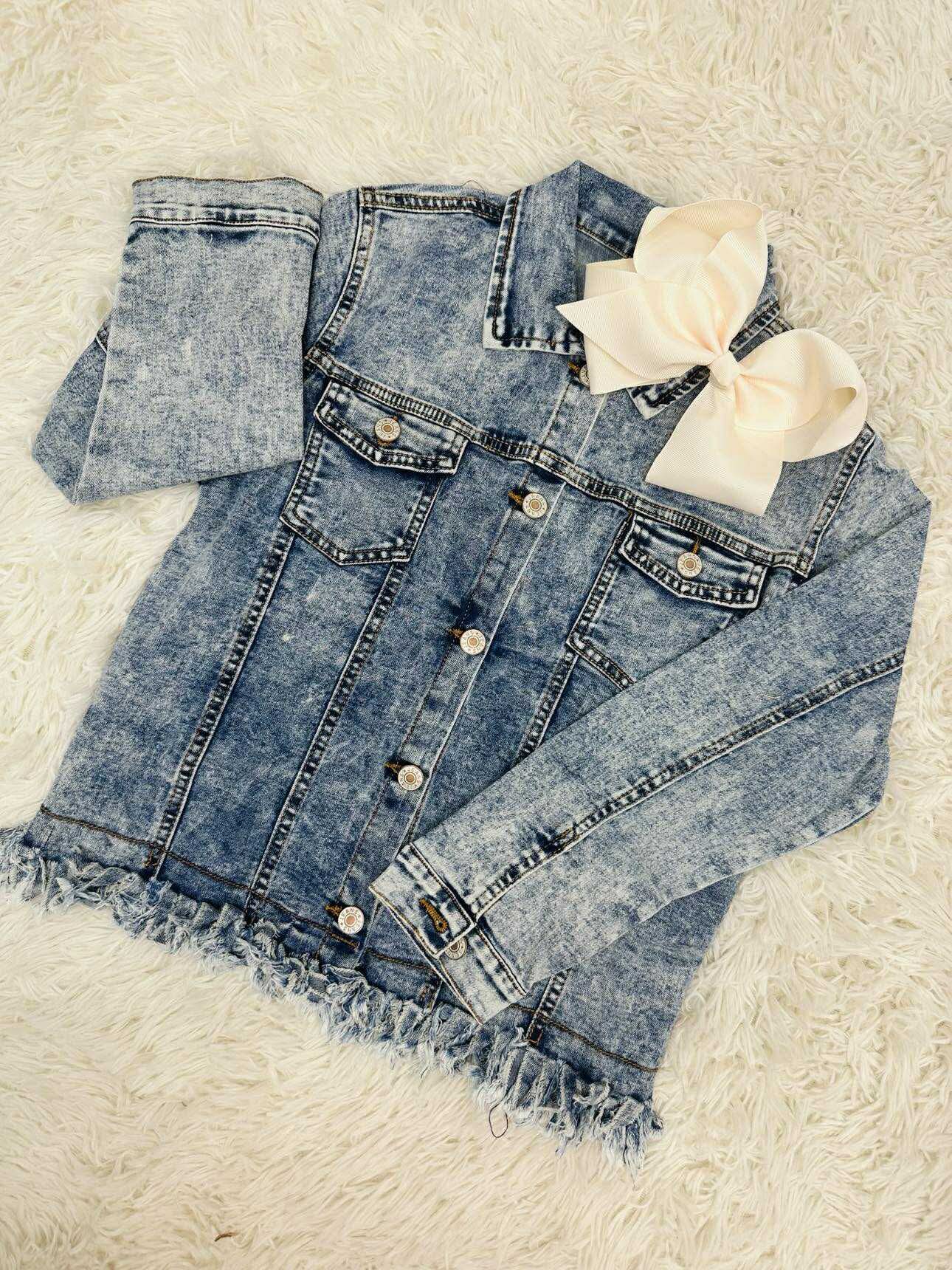 Girl’s Denim Washed Frey Hem Jacket