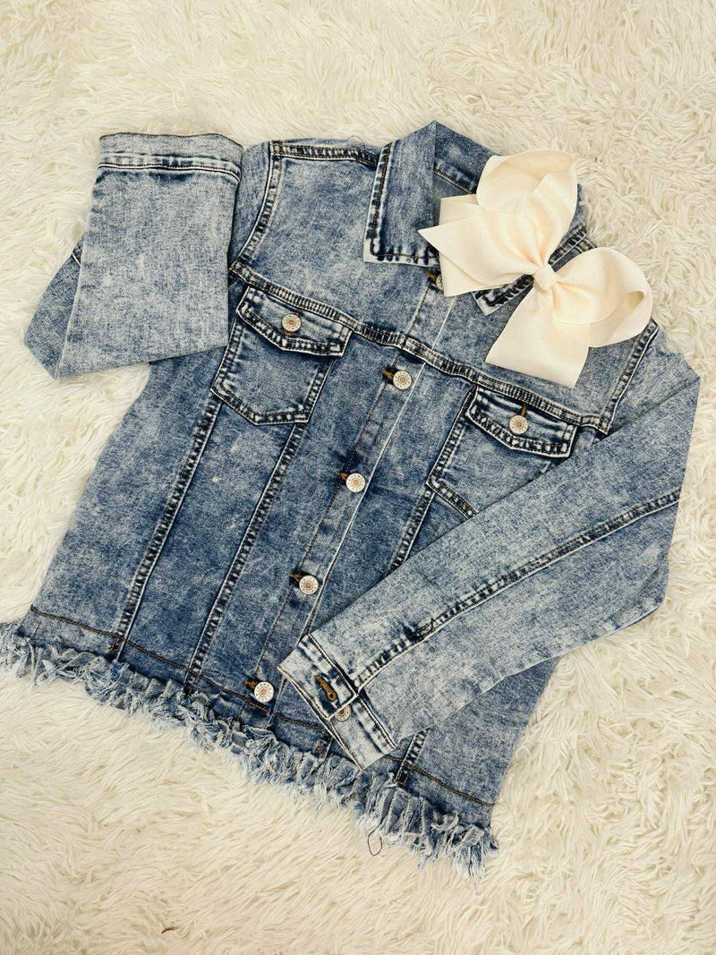 Girls Denim Washed Frey Hem Jacket