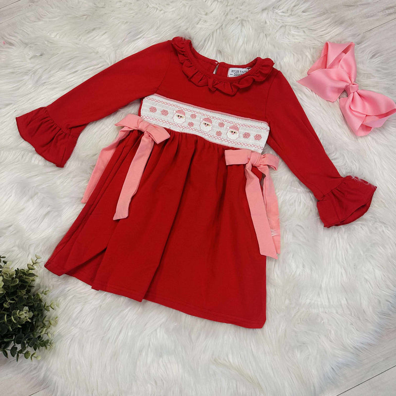 Girls Embroidered Christmas Dress with Pink Bows