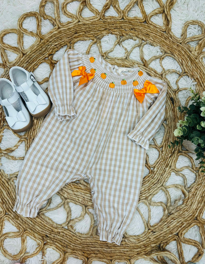 Girls Embroidered Pumpkin Patch Gingham Romper