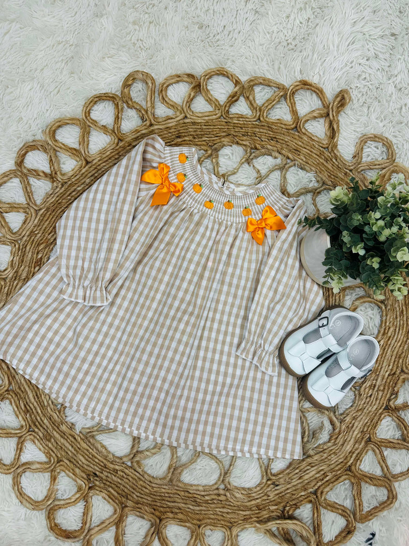 Girls Embroidered Pumpkin Patch Gingham Smocked Dress