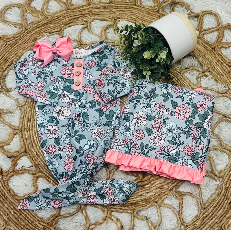 Girls Floral Fancy Knot Gown and Blanket Set