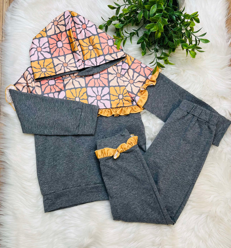 Girls Floral Print Hooded Pants Set
