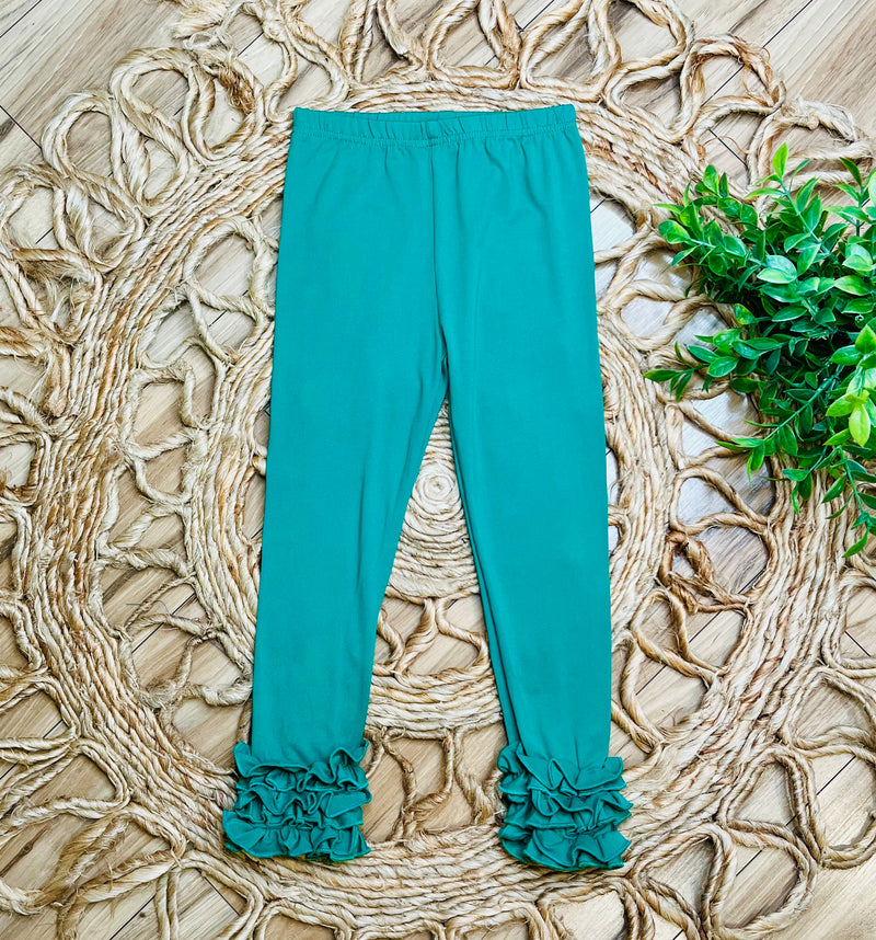 Girls Green Ruffle Leggings