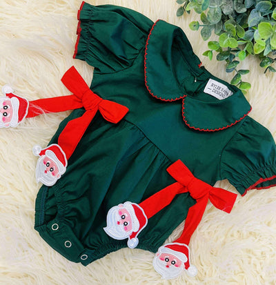 Girls Green Santa Bow Romper