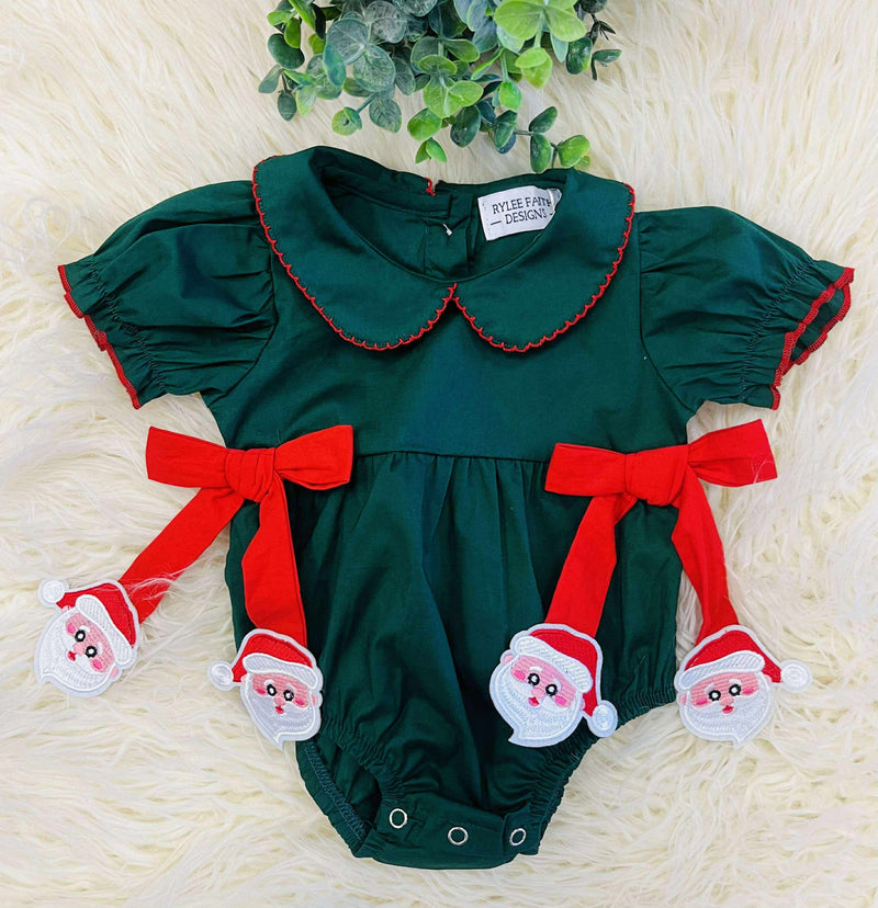 Girls Green Santa Bow Romper