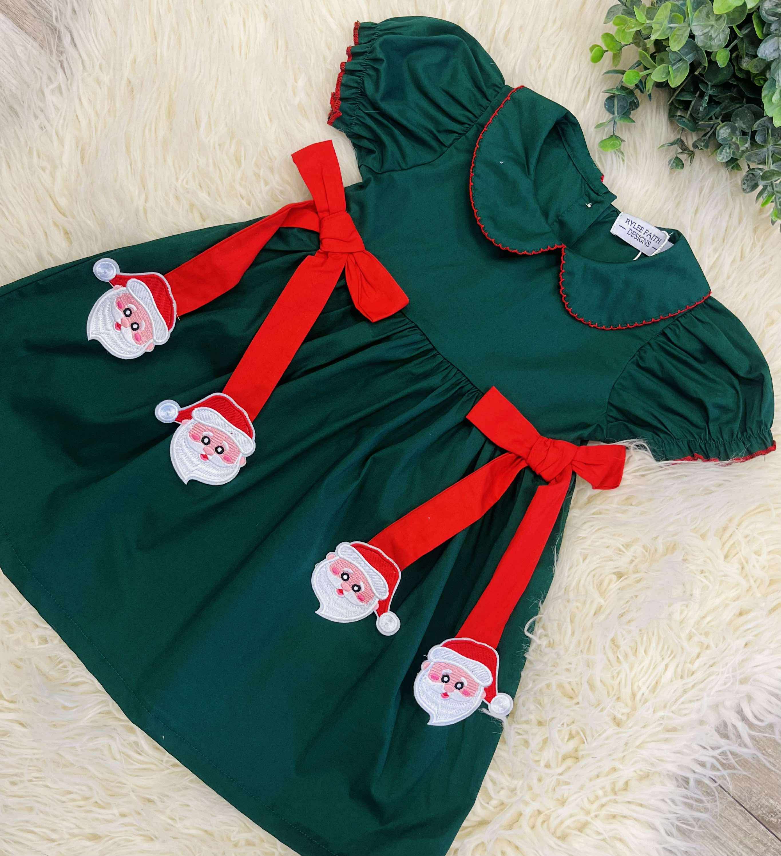 Girls Green Santa Holiday Dress Christmas