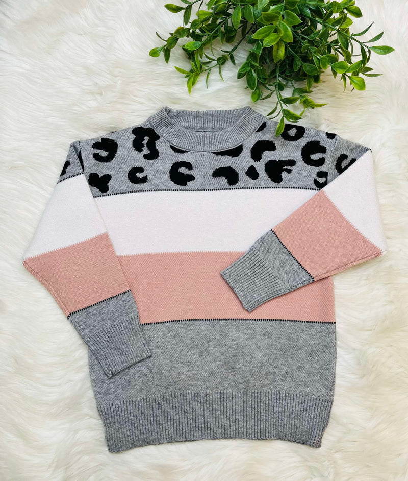 Girls Grey and Cheetah Accent Sweater