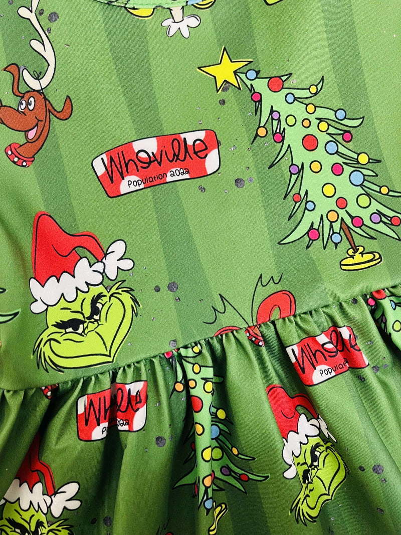 Girls Grinch Christmas Print Dress Christmas