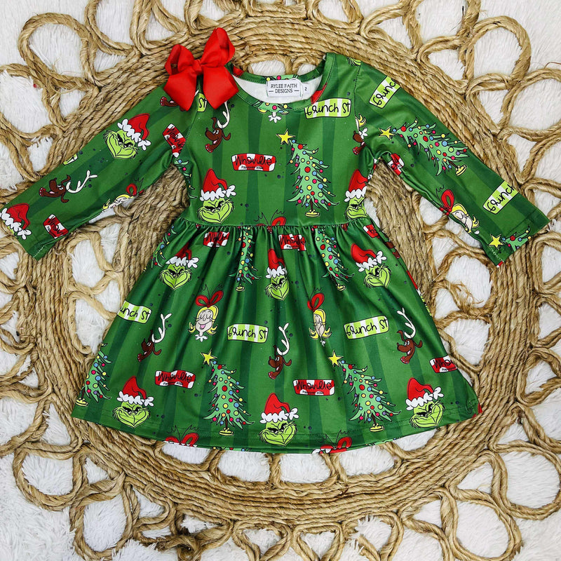 Girls Grinch Christmas Print Dress Christmas