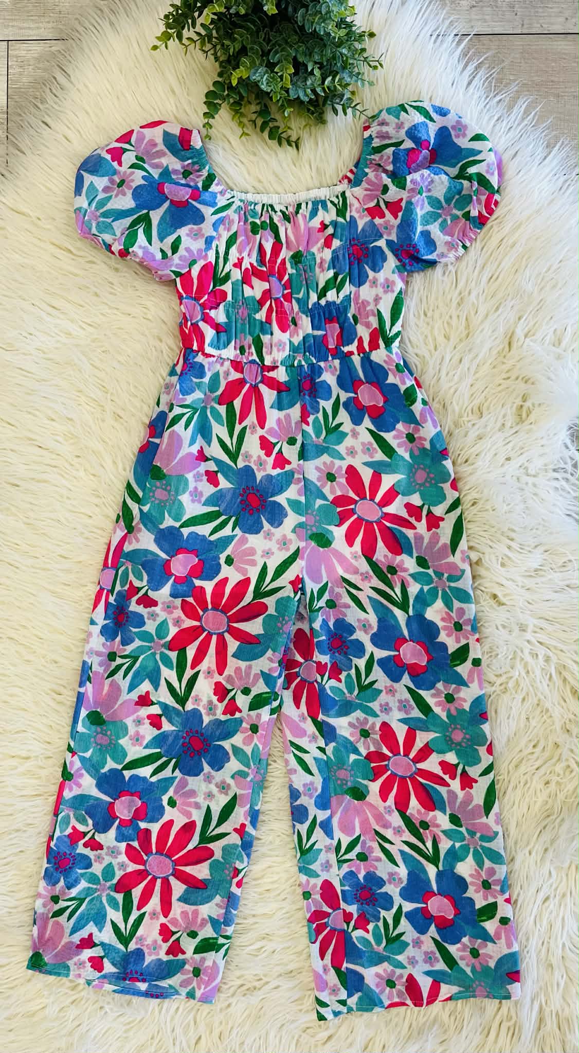 Girls Hayden Textured Floral Puff Sleeve Romper
