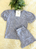 Girls Hayden Washed Look Ribbed Knit Puff Sleeve Short Set