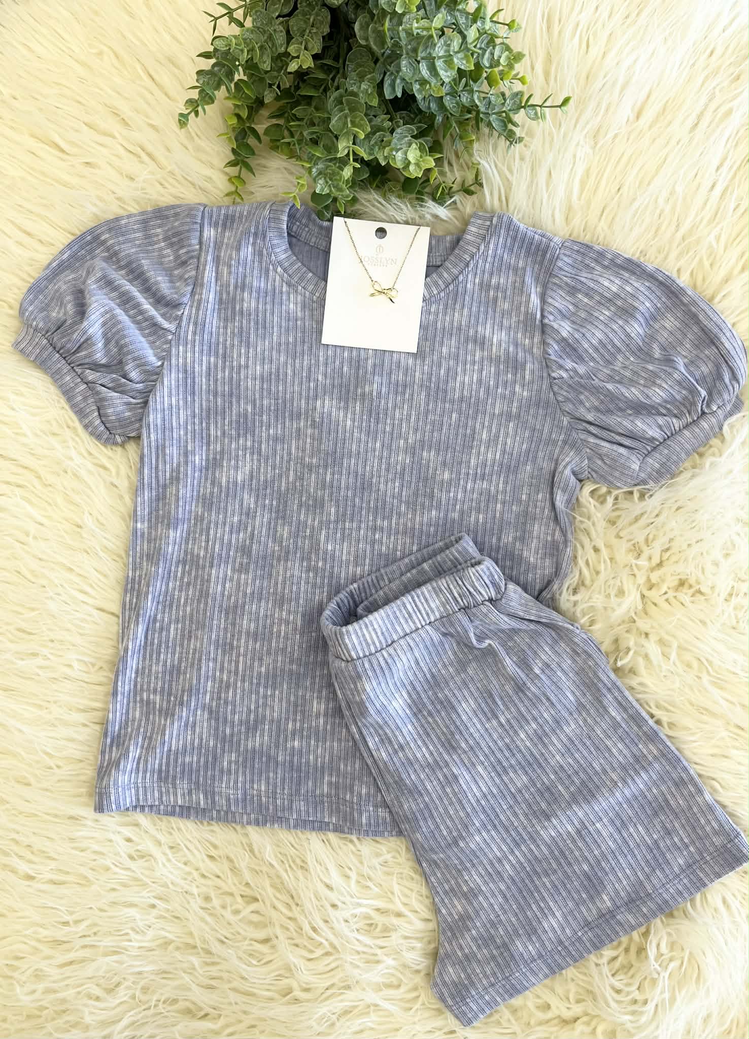 Girls Hayden Washed Look Ribbed Knit Puff Sleeve Short Set