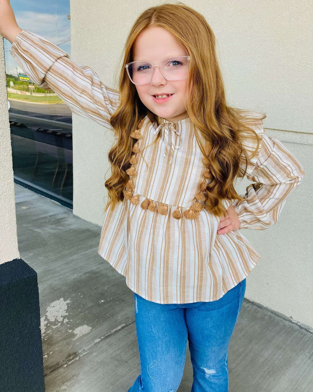 Girls Hayden tan and white striped top
