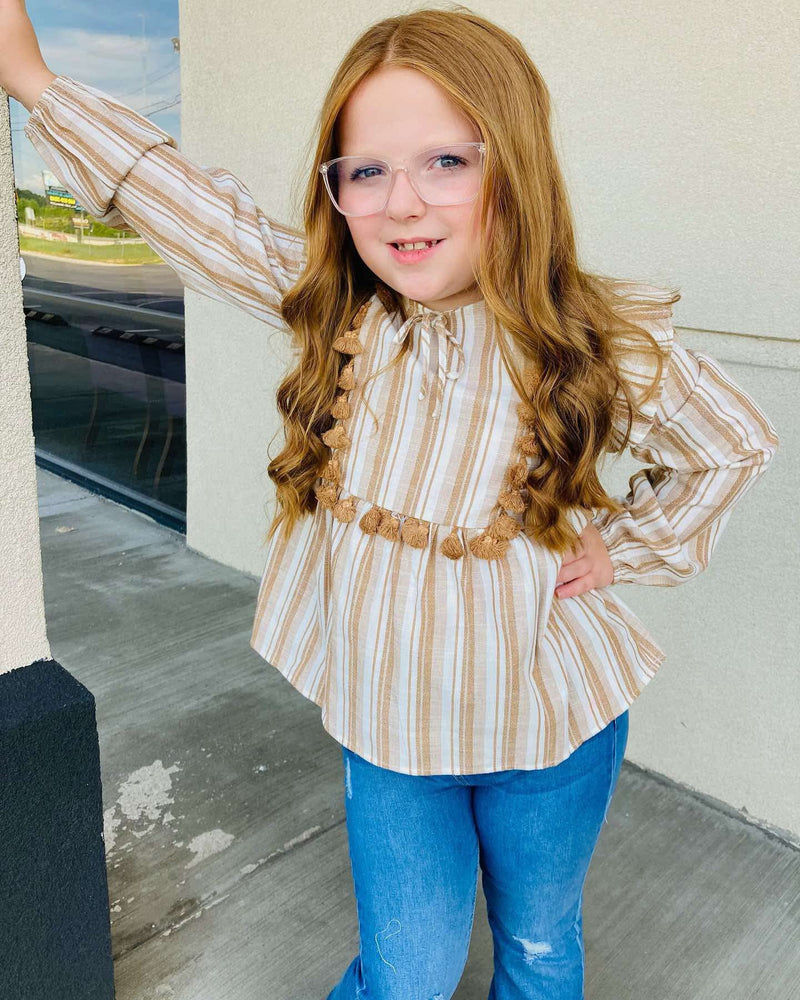 Girls Hayden tan and white striped top