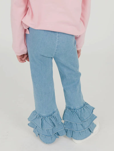 Girls Light Wash Denim Ruffle Pants