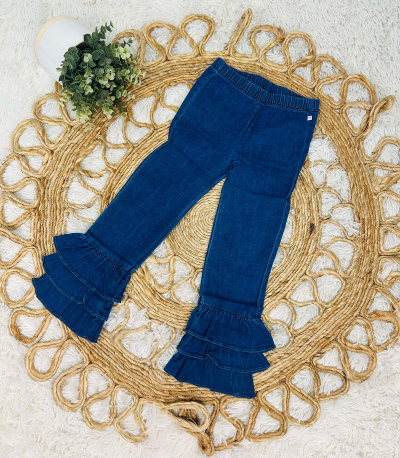 Girls Medium Wash Denim Ruffle Pants