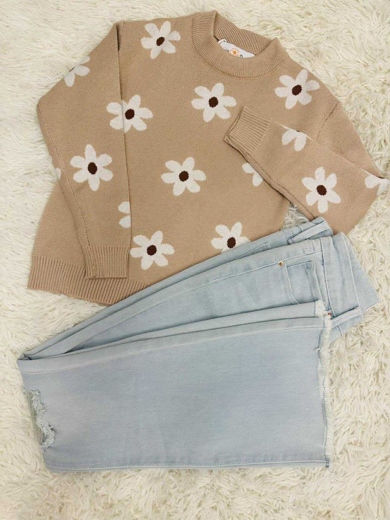 Girls Mocha Daisies Ruffle Sweater