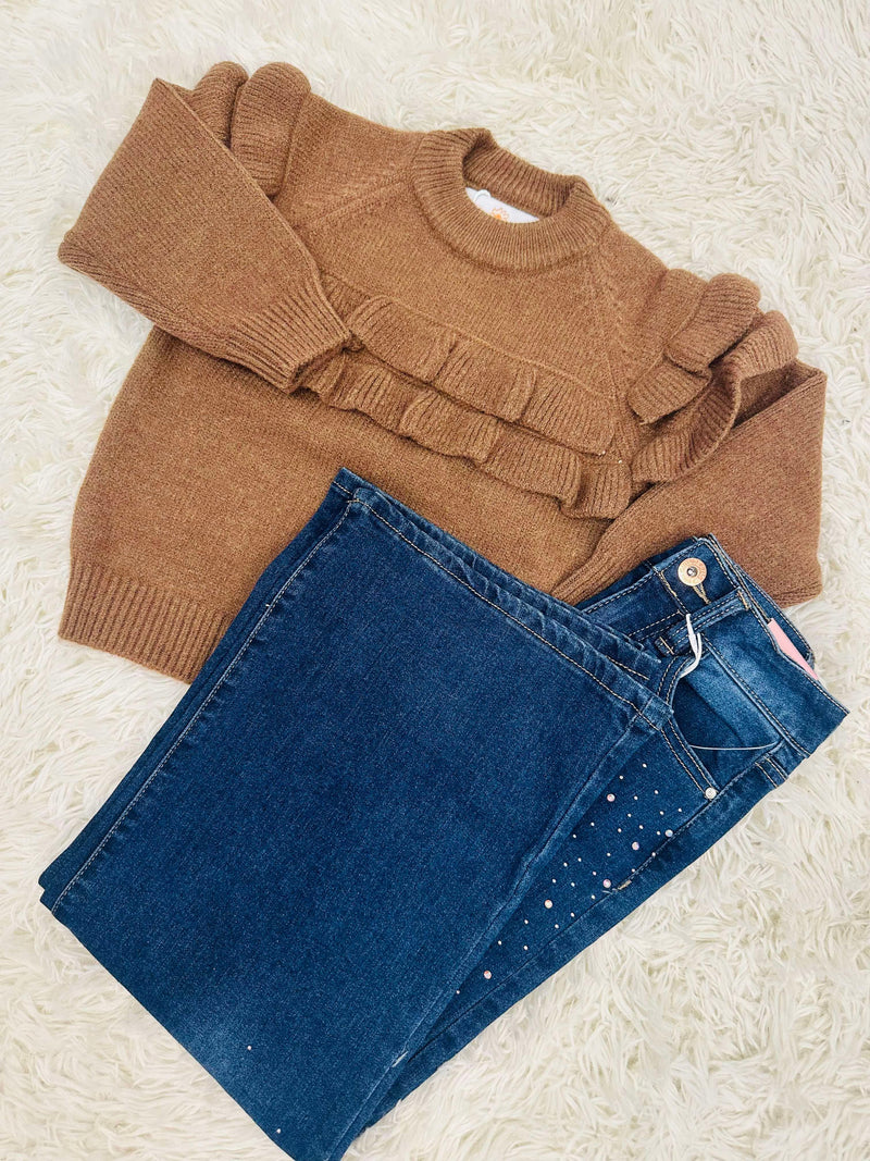 Girls Mocha Double Ruffle Sweater