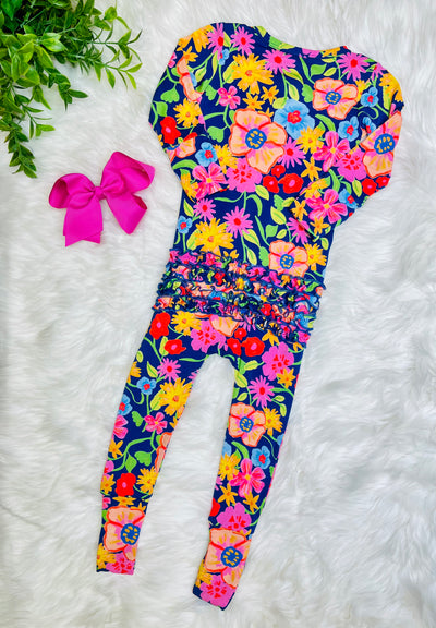 Girls Navy Bright Floral Bamboo Pajama Romper