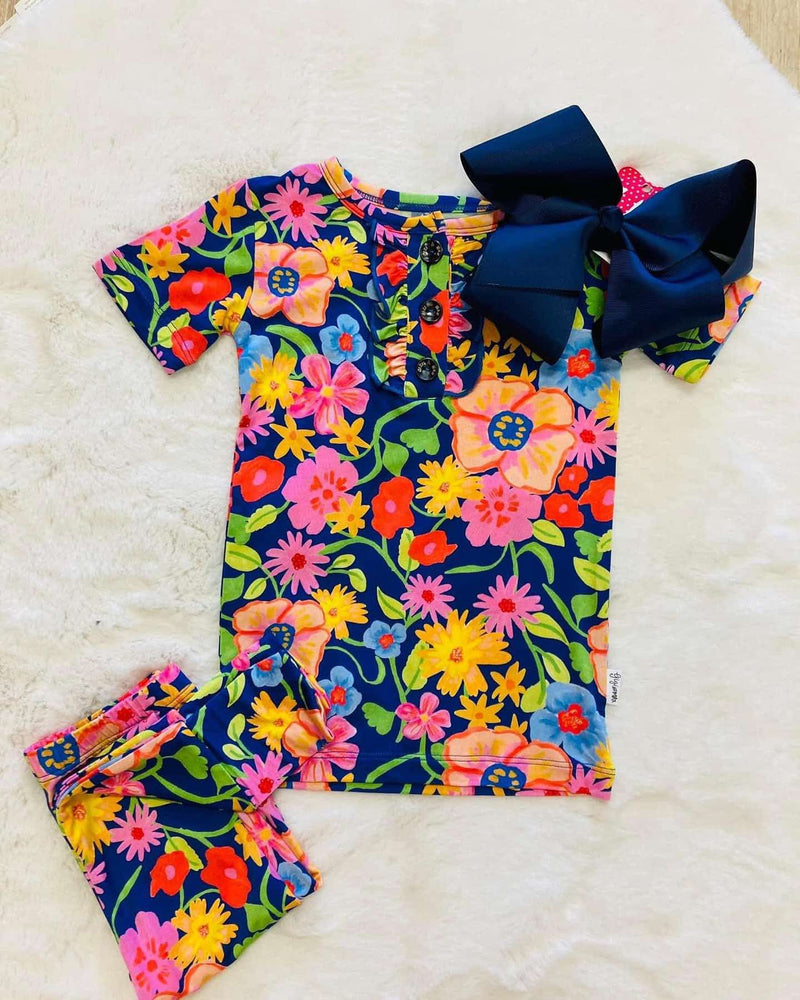 Girls Navy Bright Floral Bamboo Pajama pant set