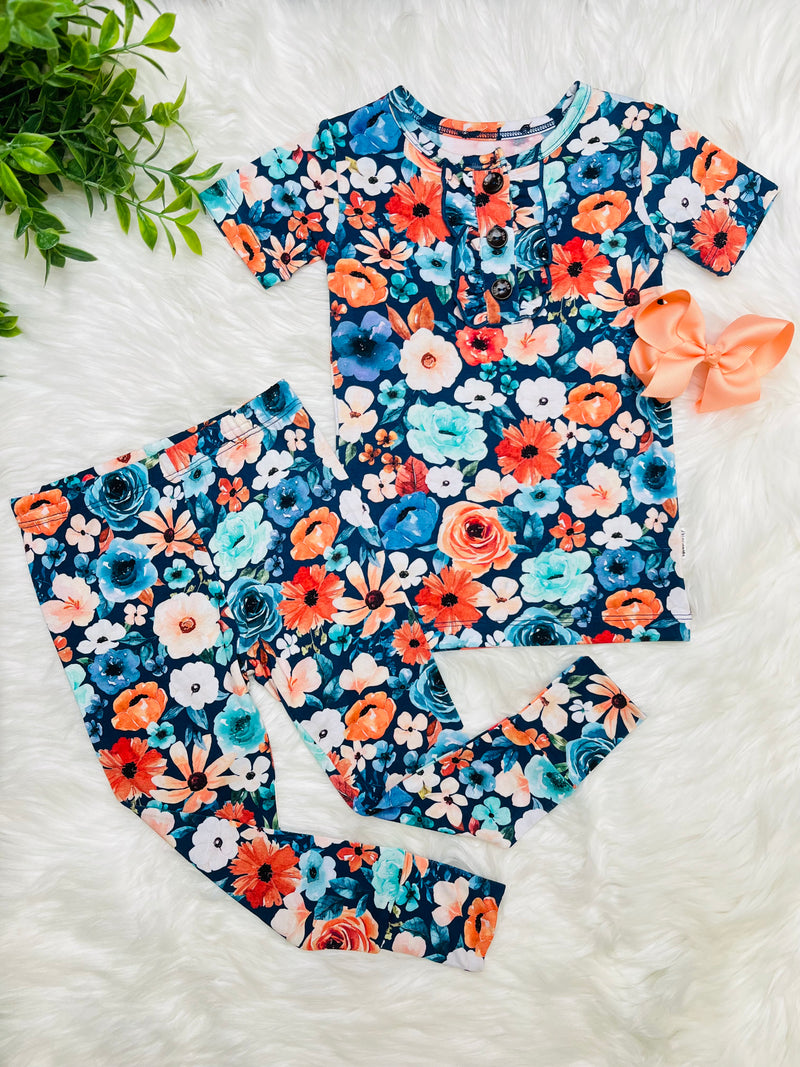 Girls Navy Floral Bamboo Sleeper Set