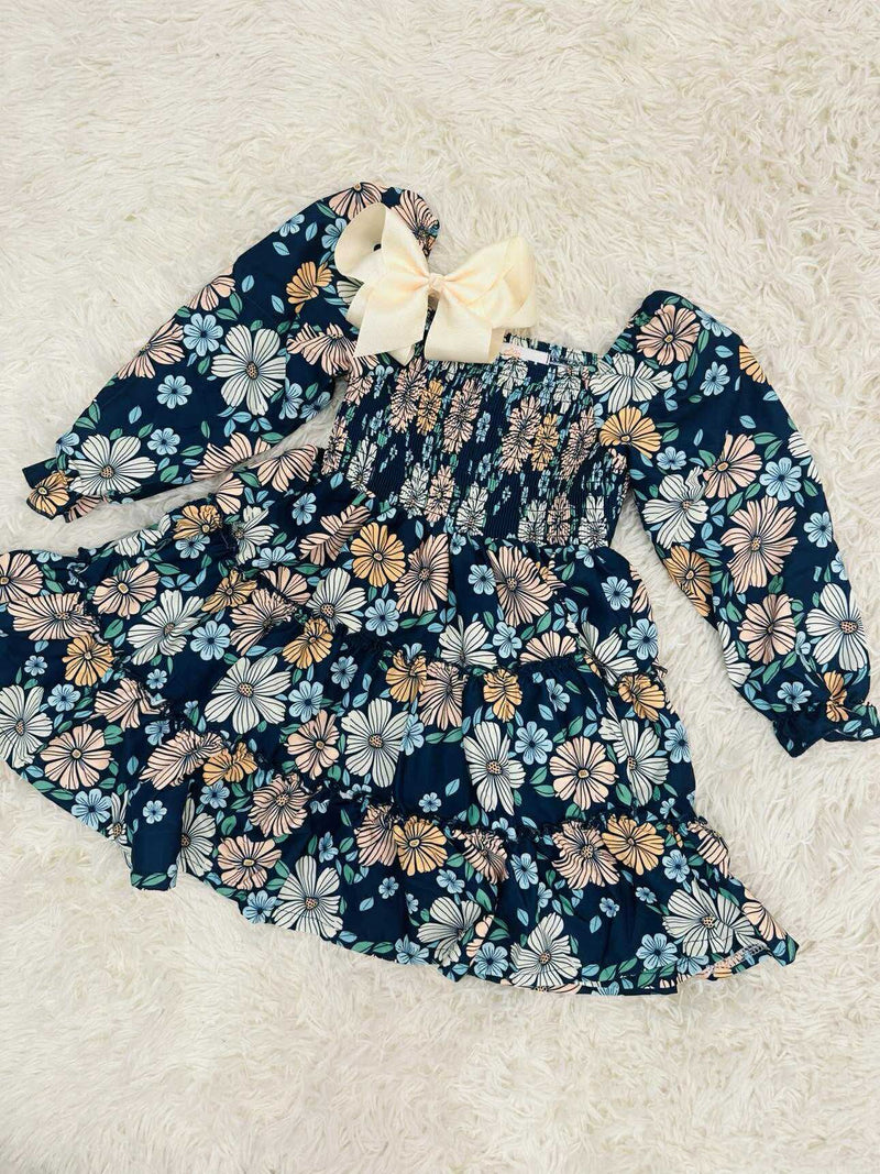 Girls Navy Floral Smocked Dress