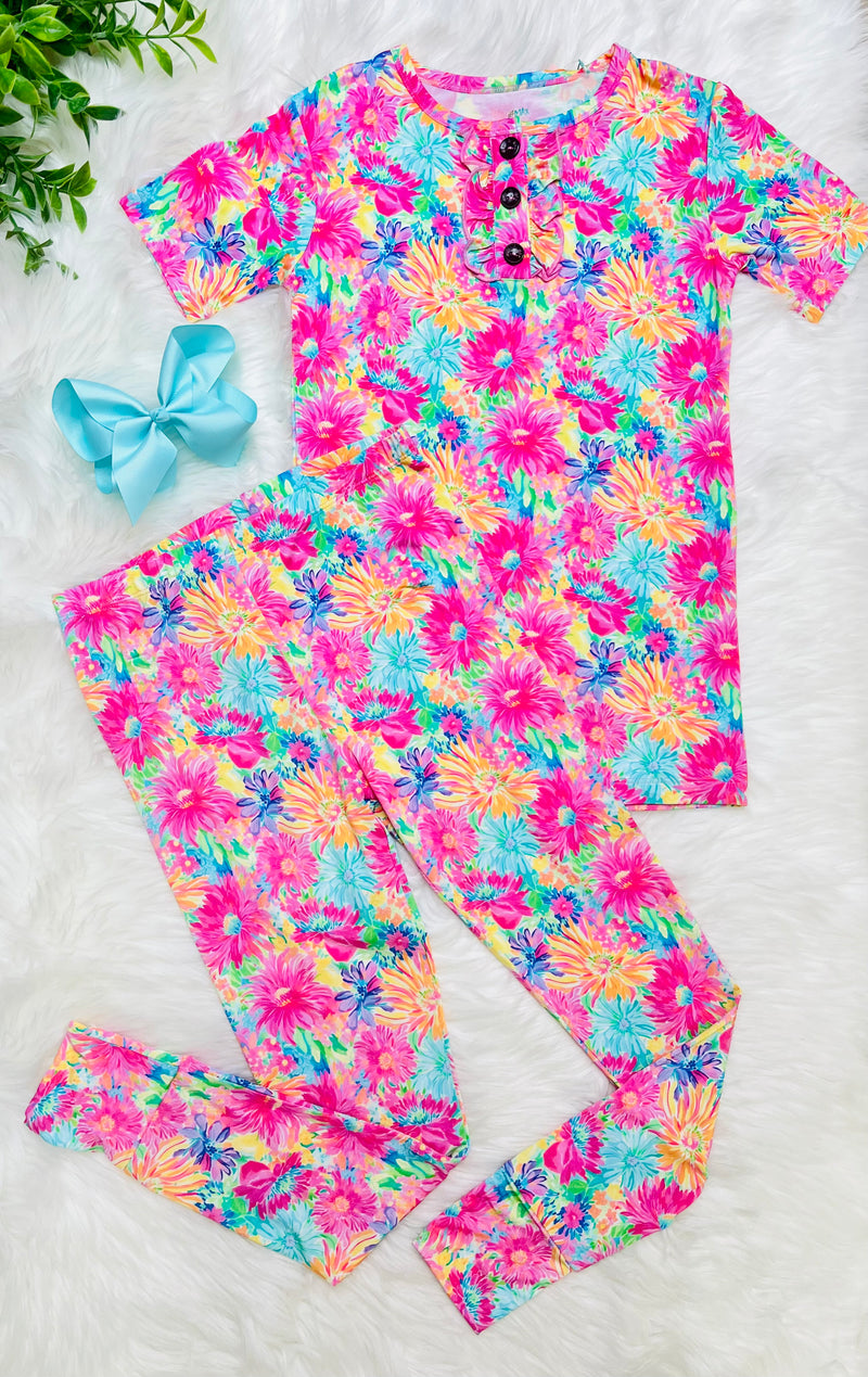 Girls Neon Floral Bamboo Pajama pant set