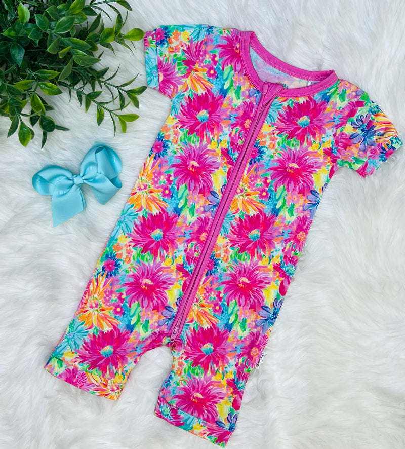 Girls Neon Floral Bamboo Sleeper Romper