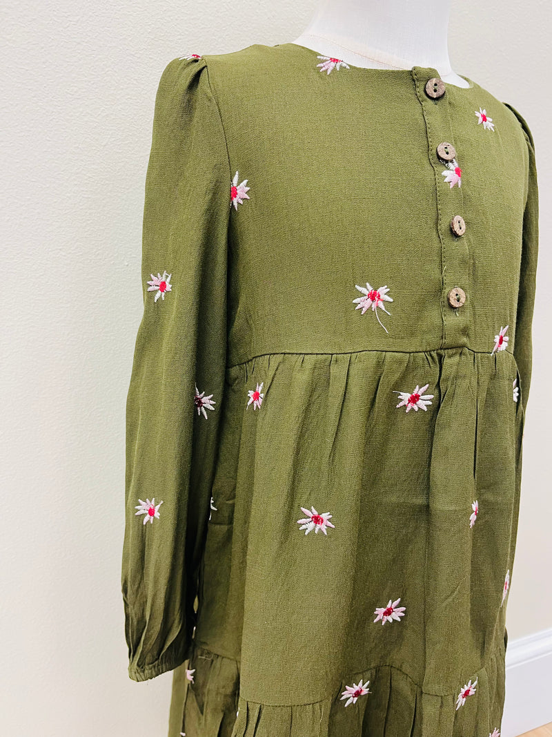 Girls Olive Floral Dress