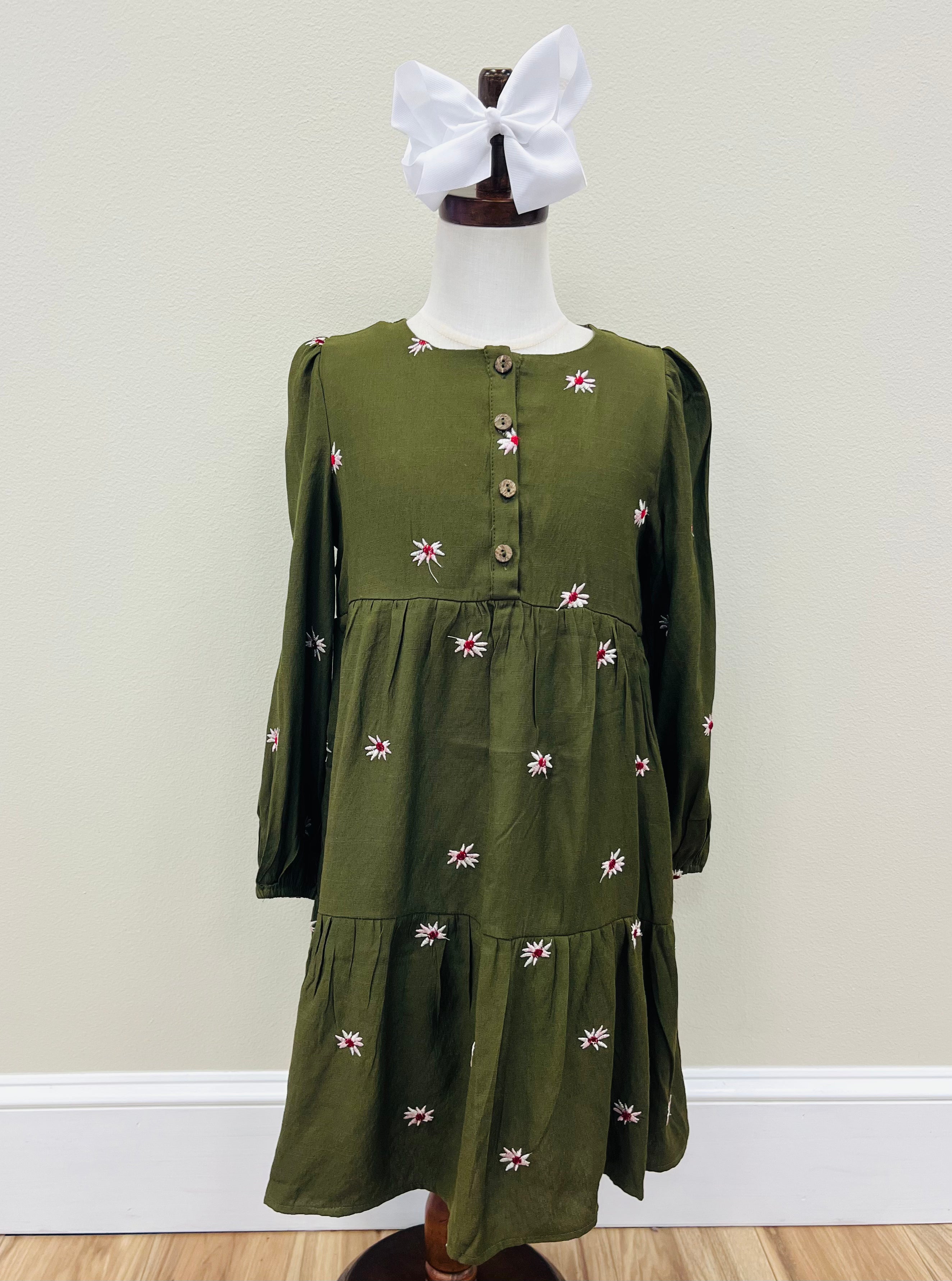 Girl’s Olive Floral Dress Tween