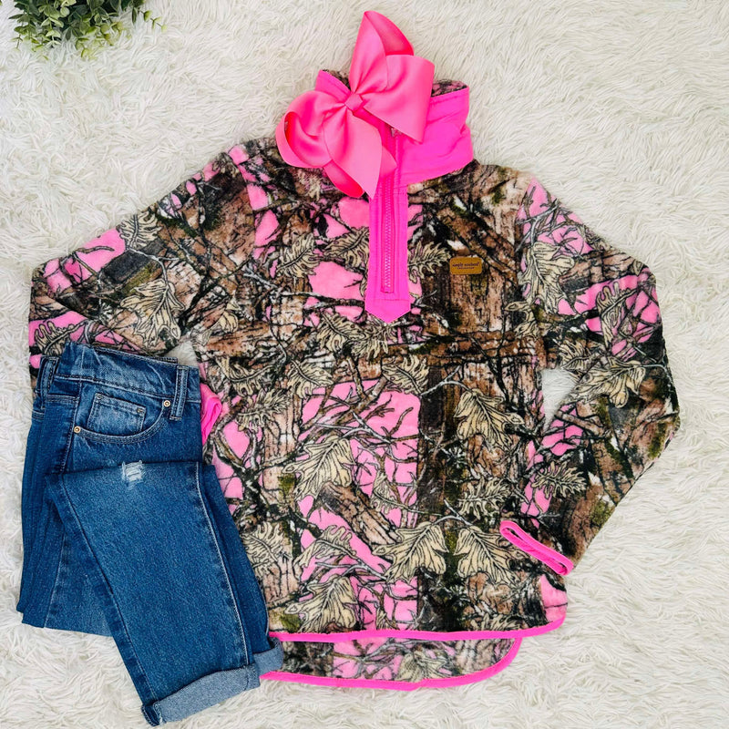 Girls Pink Camo Soft 1/2 Zip Pullover
